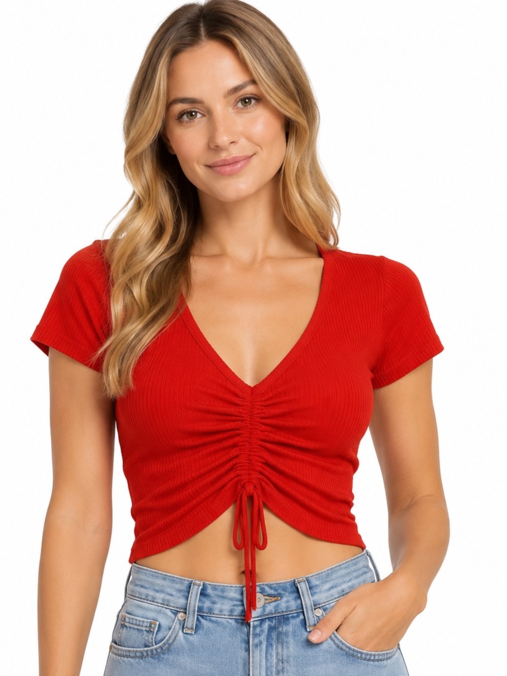 Garage Red Ruched Drawstring Front V-Neck Short Sleeve Crop Top Small